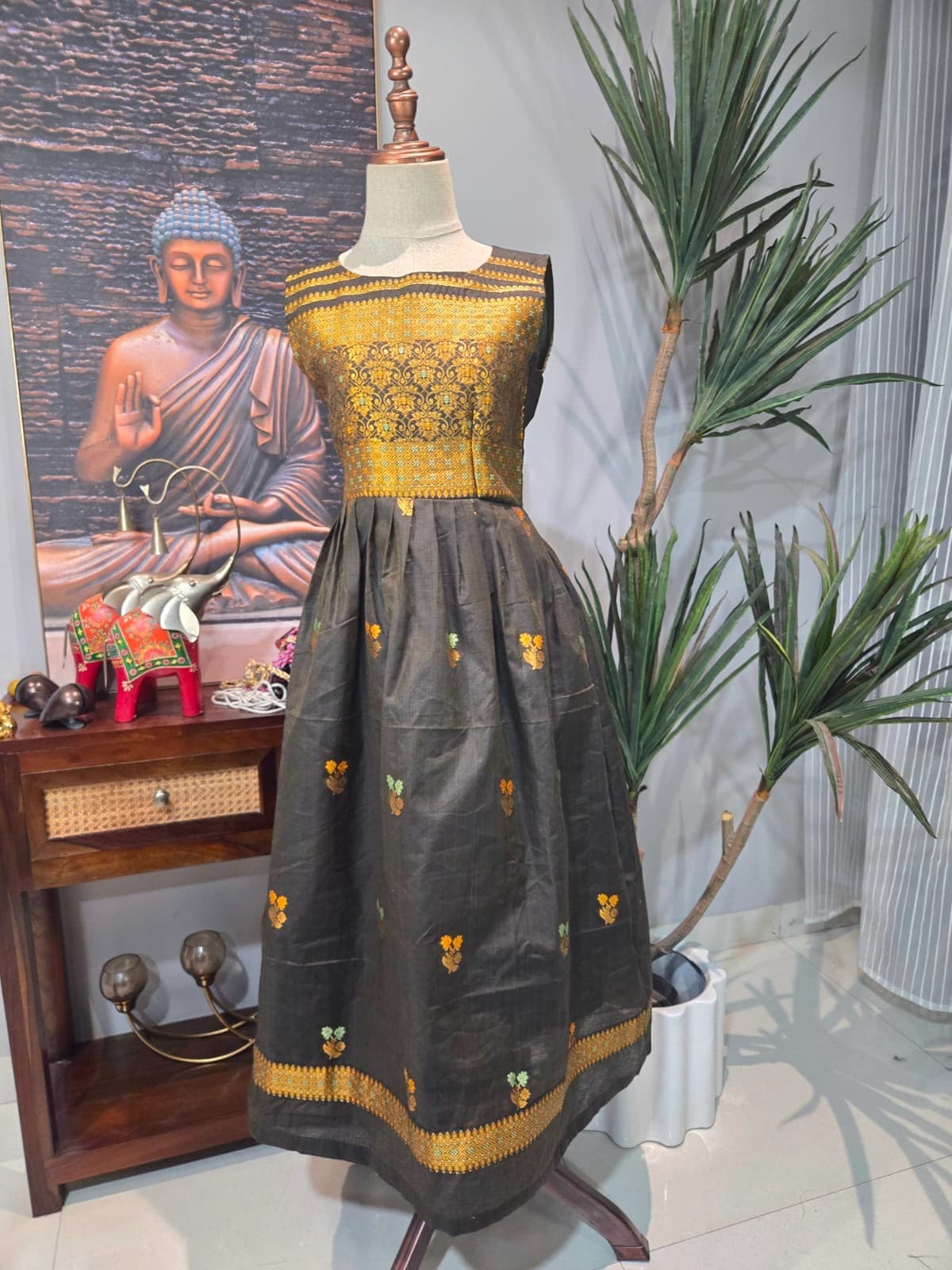 Charcoal Grey Dress with Gold Patterned Bodice from Shakthi Emporio