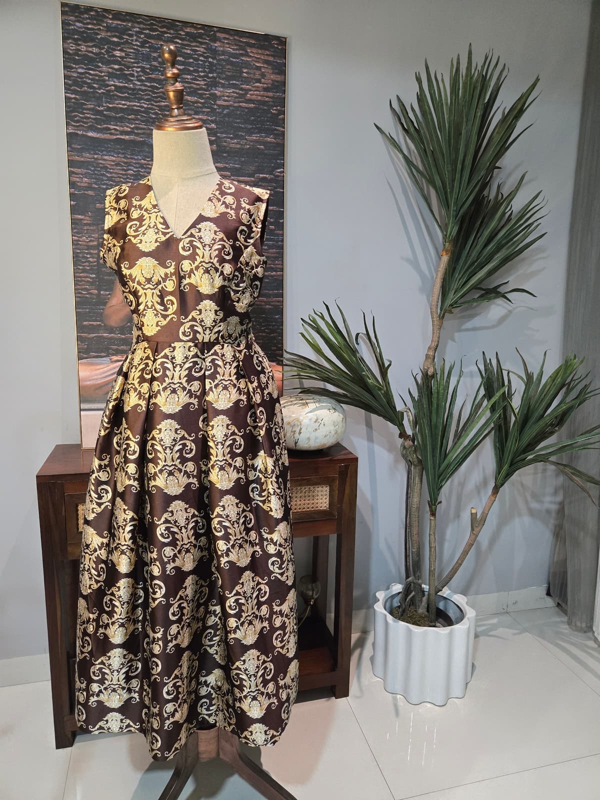 Brown and Gold Floral Scroll Dress from Shakthi Emporio