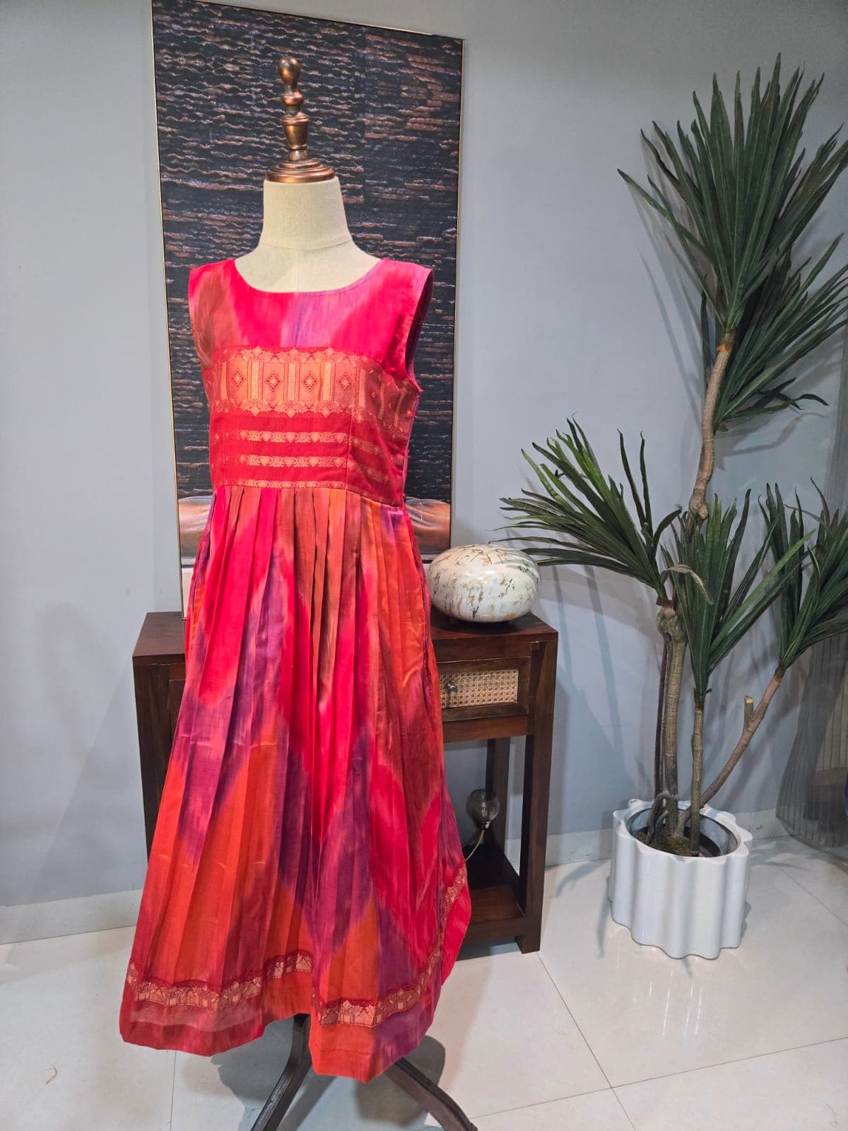 Pink and Orange Pleated Dress with Border Detail from Shakthi Emporio