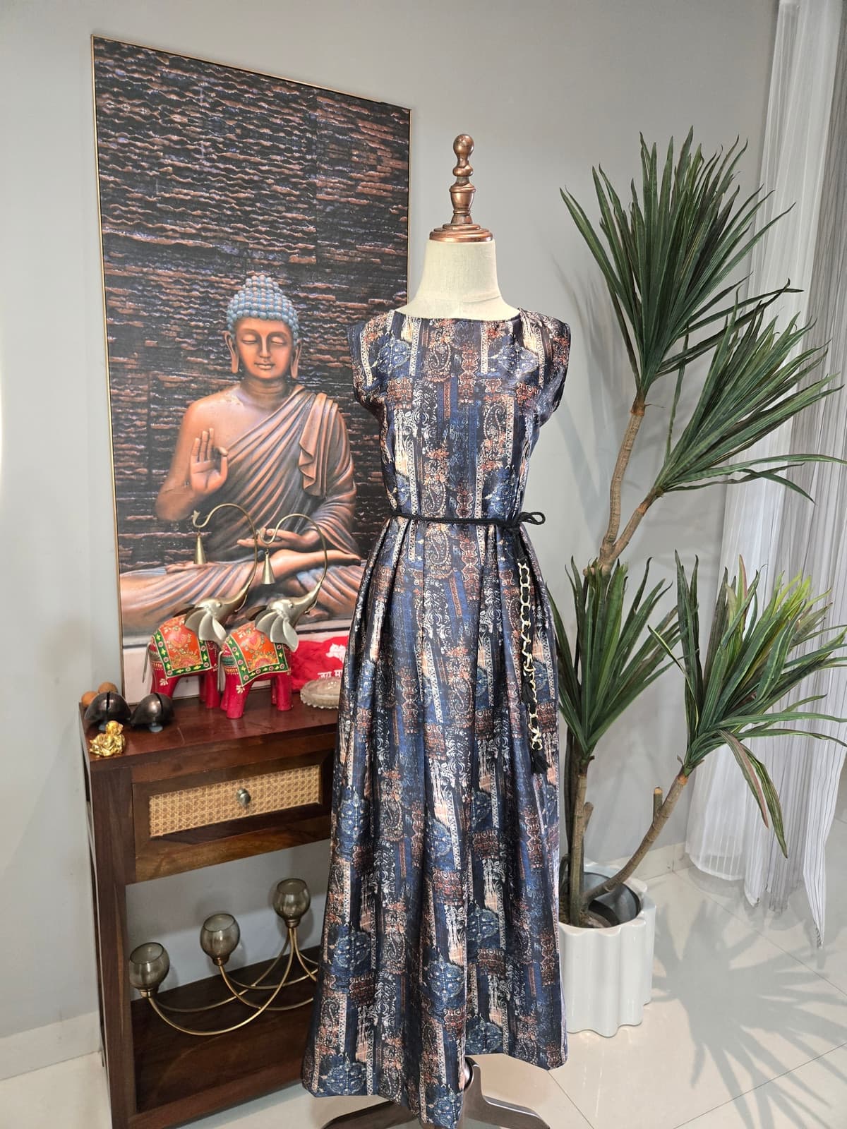 Navy Vertical Paisley Print Dress from Shakthi Emporio