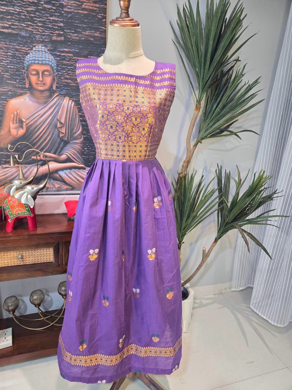 Purple Dress with Gold Patterned Bodice from Shakthi Emporio