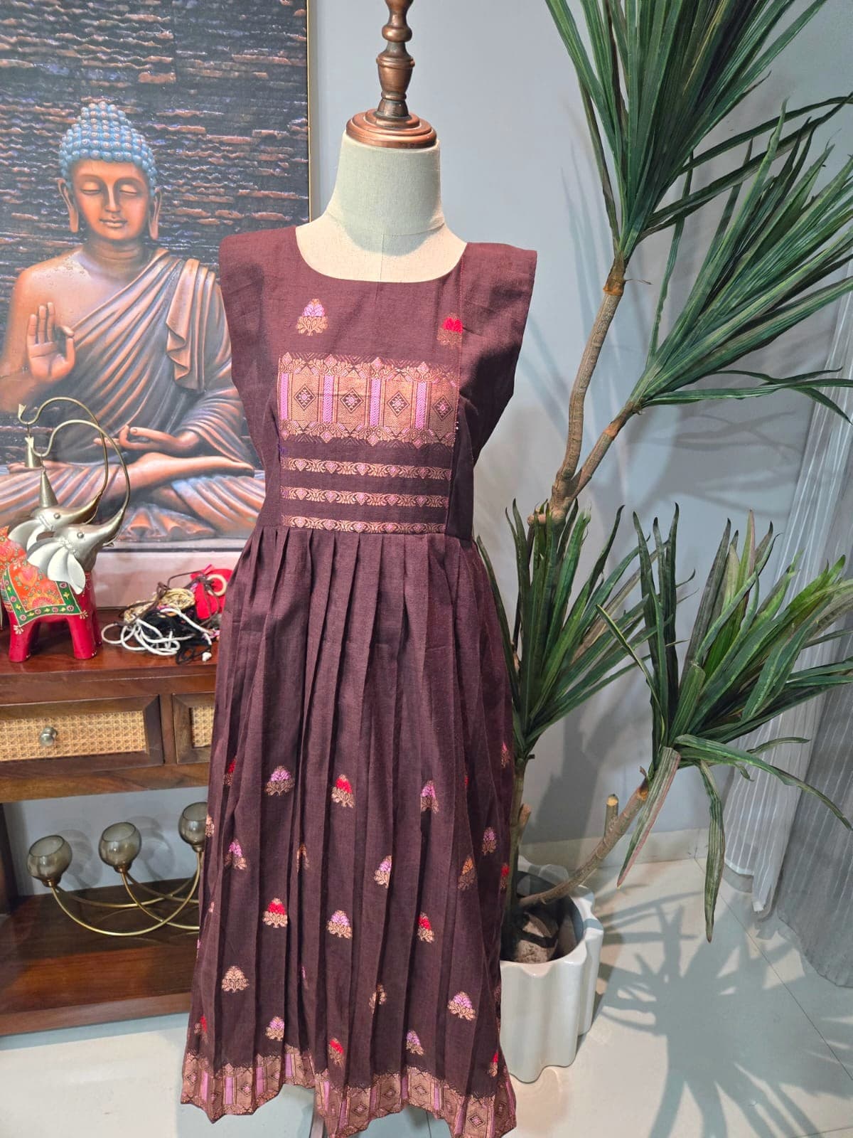 Deep Maroon Dress with Pink Woven Borders from Shakthi Emporio