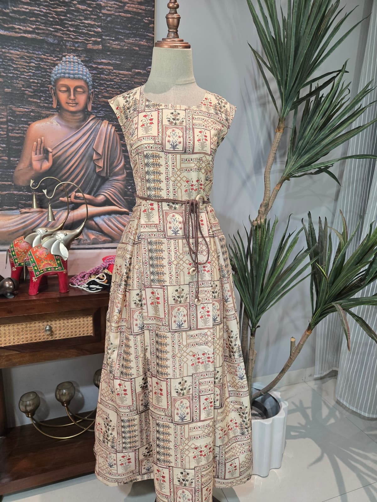 Cream Floral Panel Print Dress from Shakthi Emporio