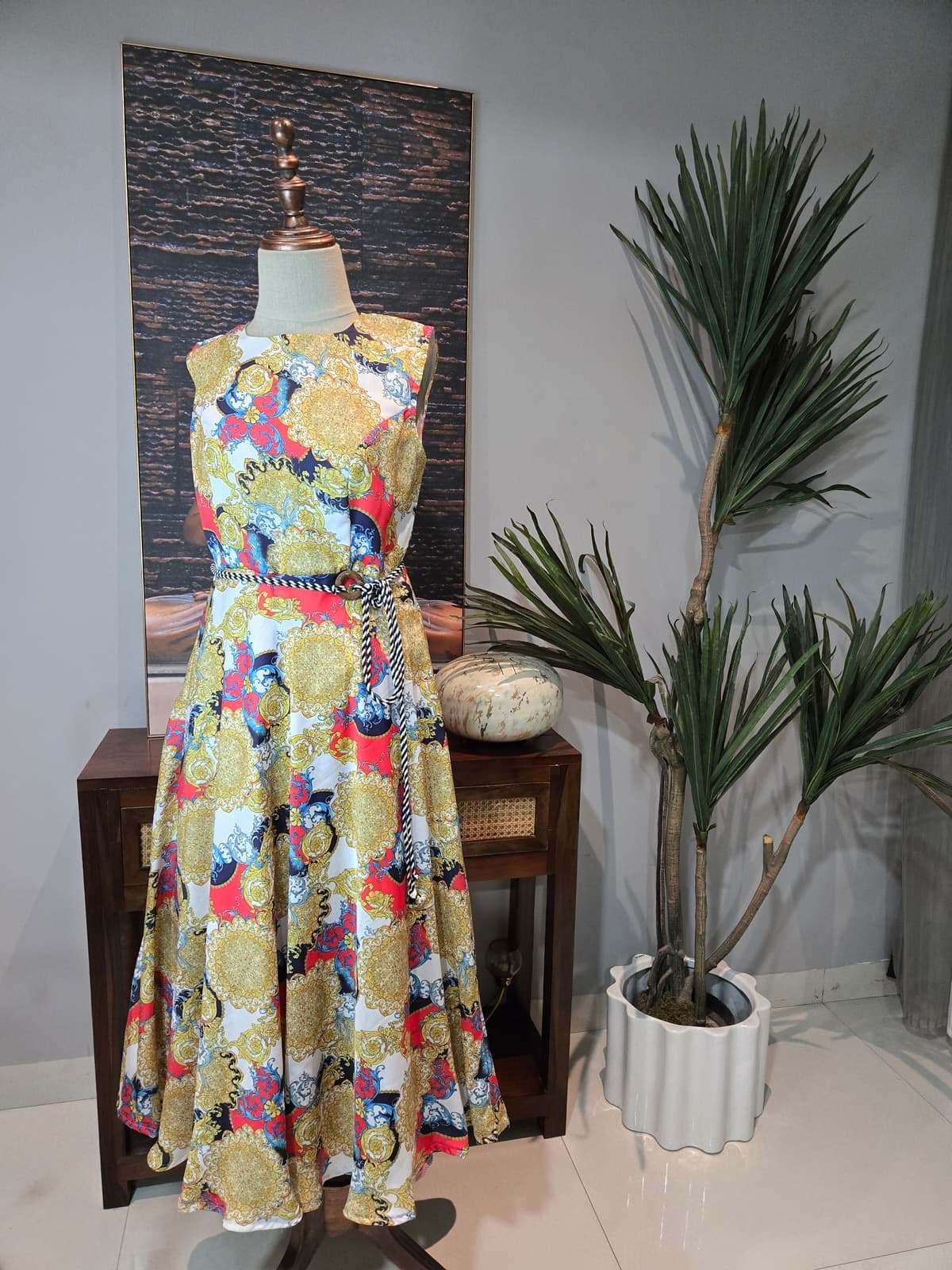 White and Red Baroque Print Dress from Shakthi Emporio