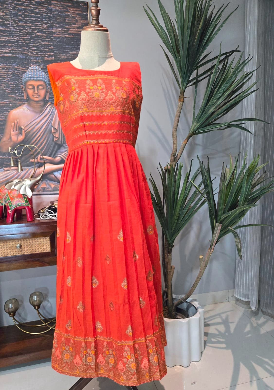 Coral Red Border Detail Dress from Shakthi Emporio