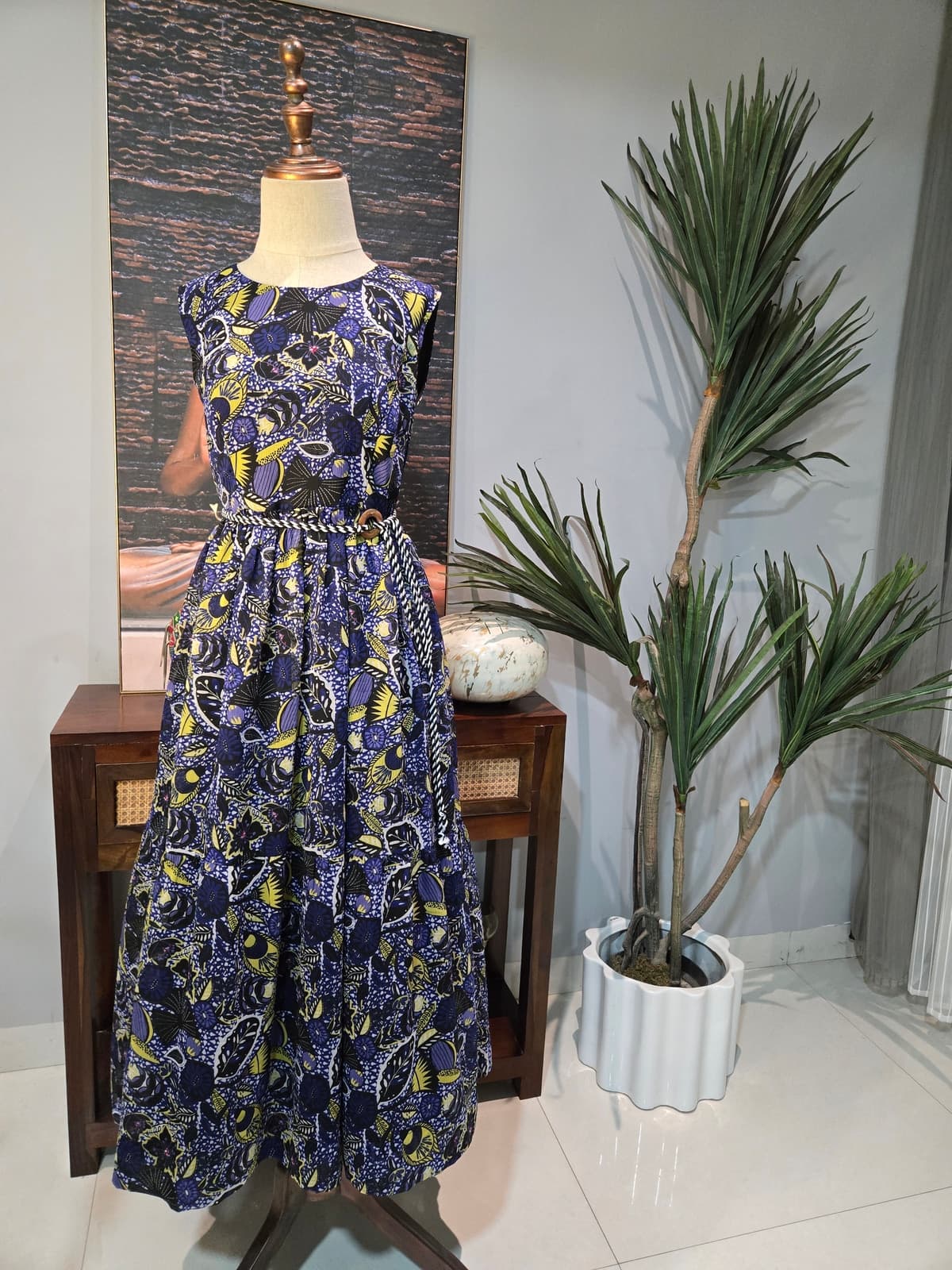 Blue and Yellow Botanical Print Dress from Shakthi Emporio