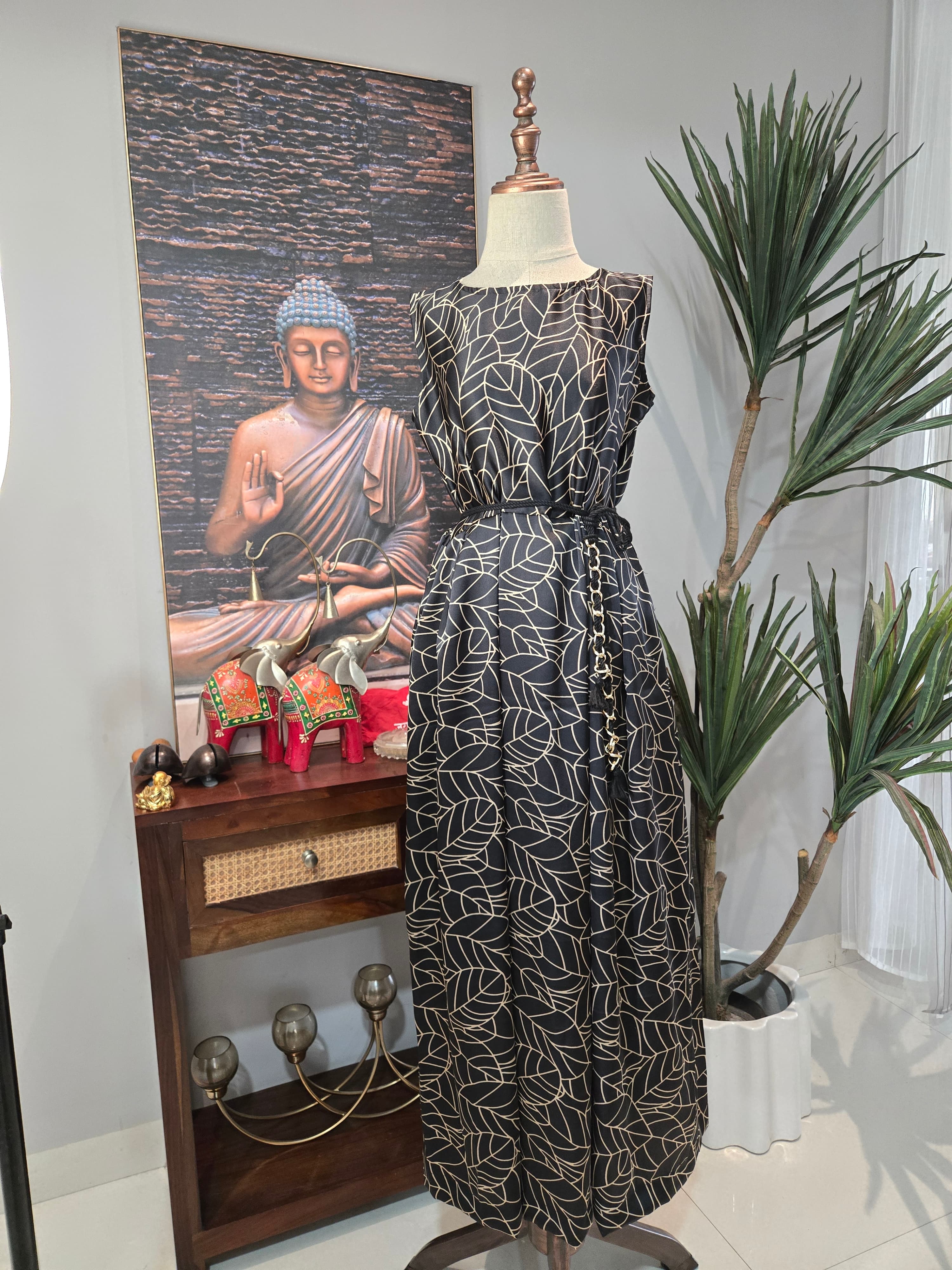 Black Leaf Outline Print Dress from Shakthi Emporio