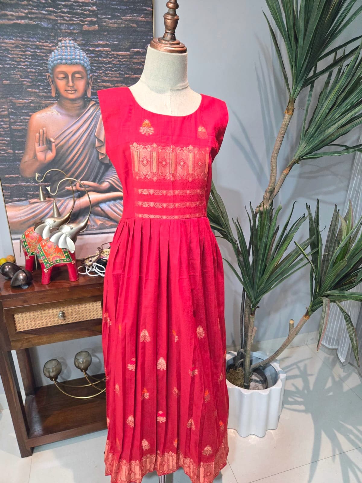 Red Dress with Gold-Toned Border Panels from Shakthi Emporio